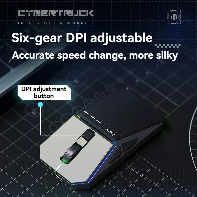 INPHIC Cyber Wireless Mouse Bluetooth Three-Mode Low Noise  Game Mouse Power Display Dual Zone RGB Macro Definition 12800DPI