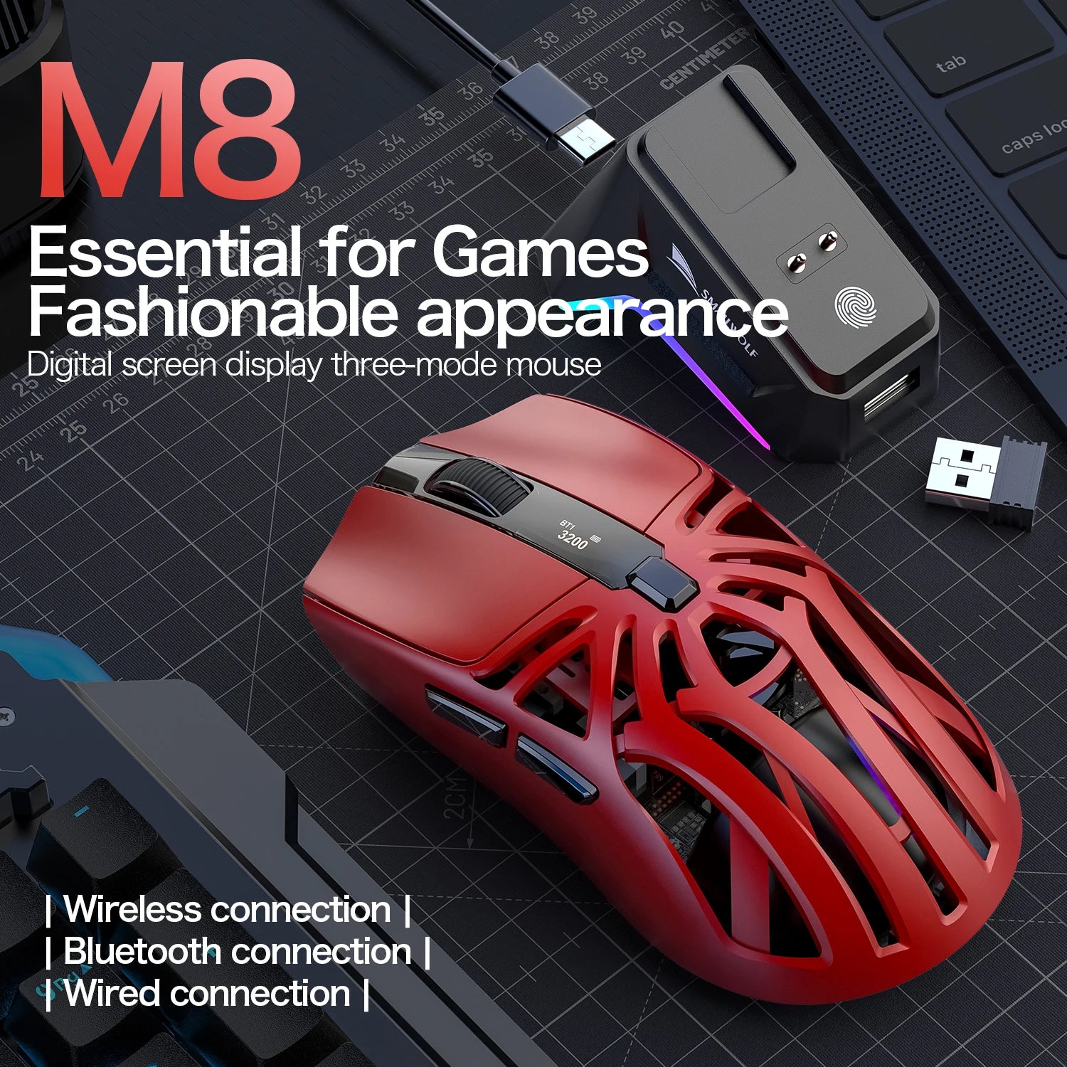 SMAILWOLF M8 Wireless Bluetooth Tri-Mode Mouse Lightweight PAW3311 Gaming RGB Magnetic Charging 12000dpi Gaming Mouse