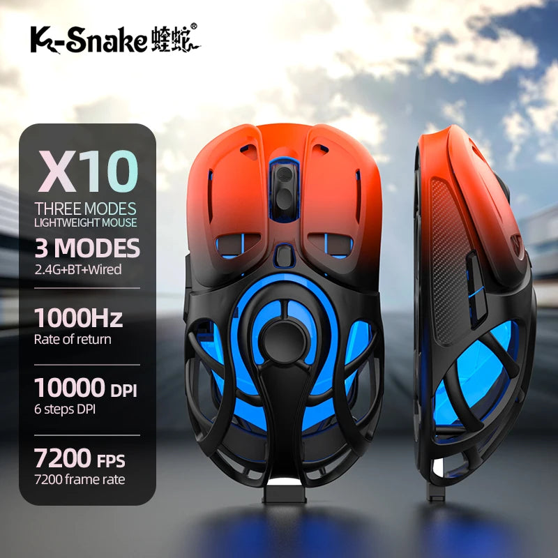K-Snake Tri-Mode Wireless Bluetooth Mouse Lightweight Gaming Wired，1000HZ Polling Rate，7200DPI