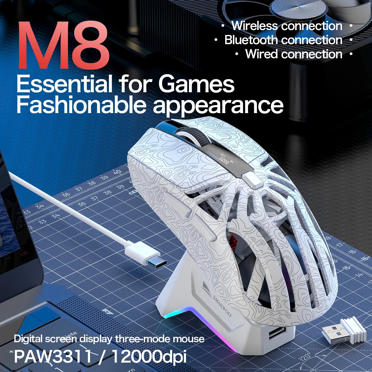 SMAILWOLF M8 Wireless Bluetooth Tri-Mode Mouse Lightweight PAW3311 Gaming RGB Magnetic Charging 12000dpi Gaming Mouse
